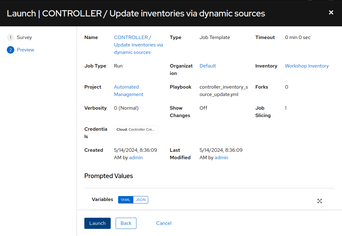 Inventory update job launch details on AAP Web UI