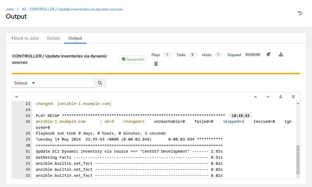 Inventory update job output on AAP Web UI