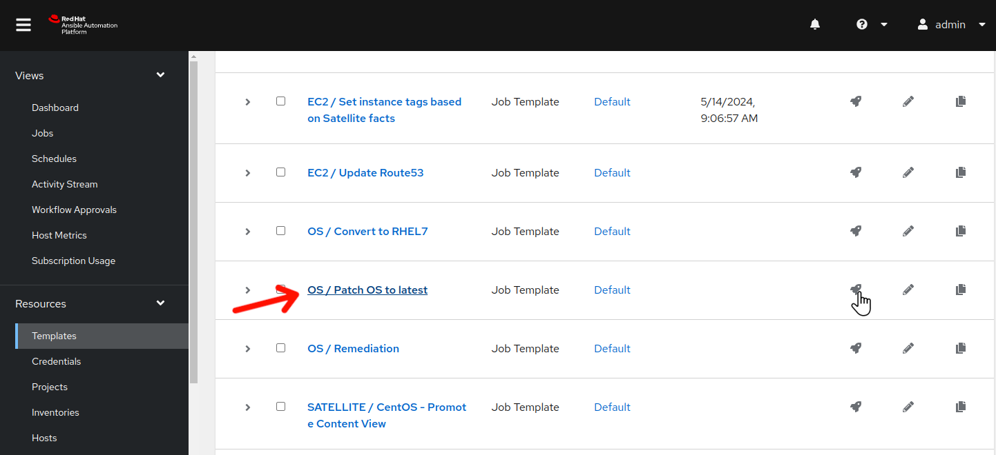 Job templates listed on AAP Web UI