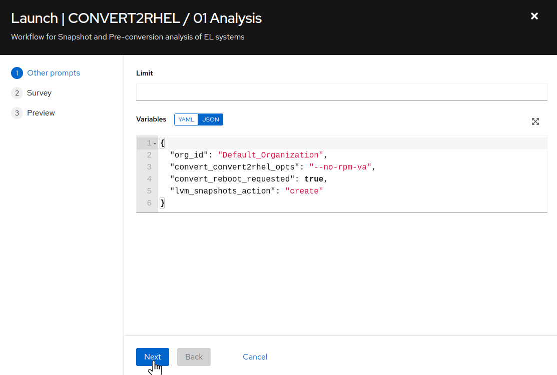 Analysis job variables prompt on AAP Web UI