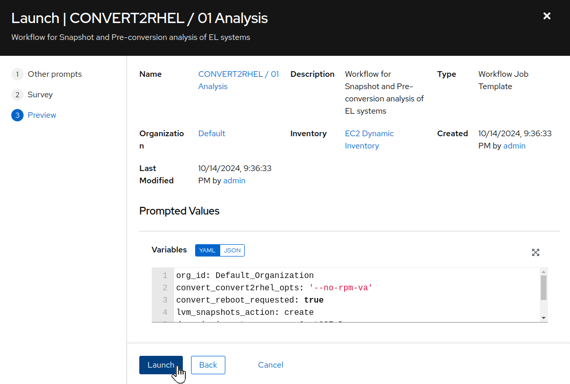 Analysis job preview on AAP Web UI