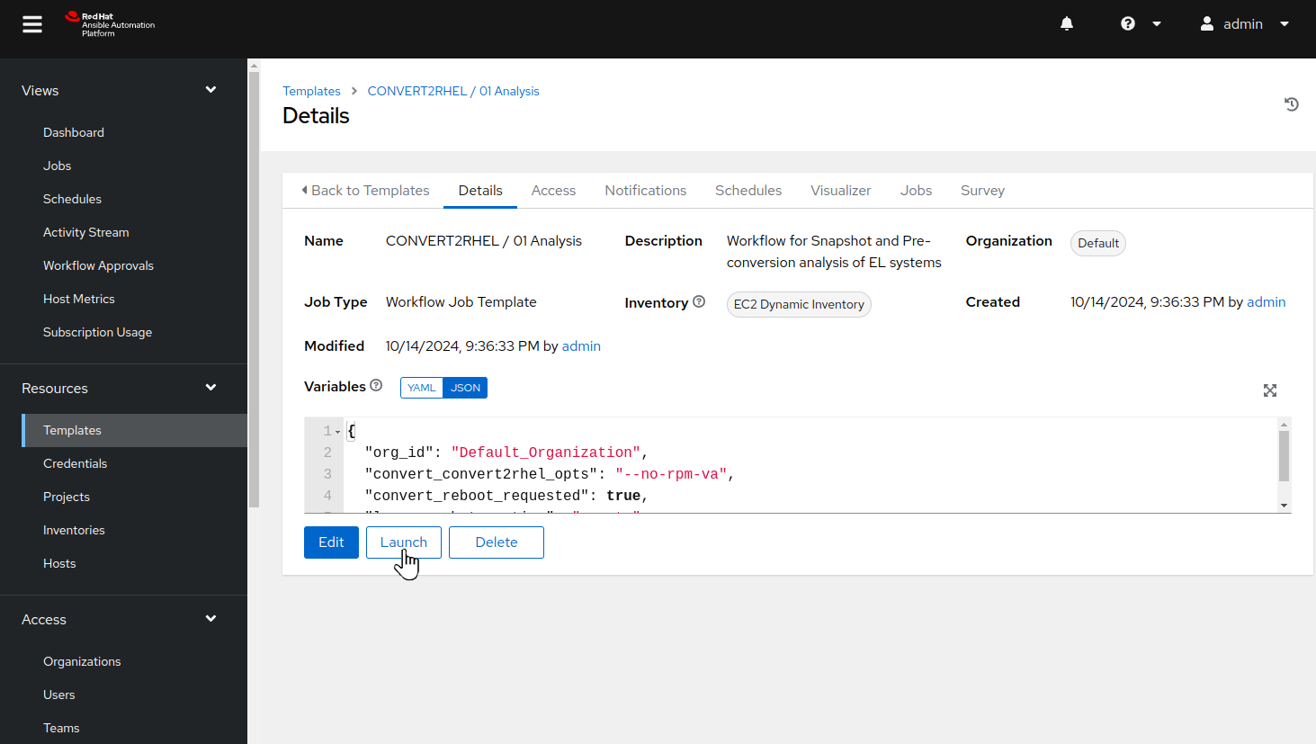 "CONVERT2RHEL / 01 Analysis" workflow job template seen on AAP Web UI