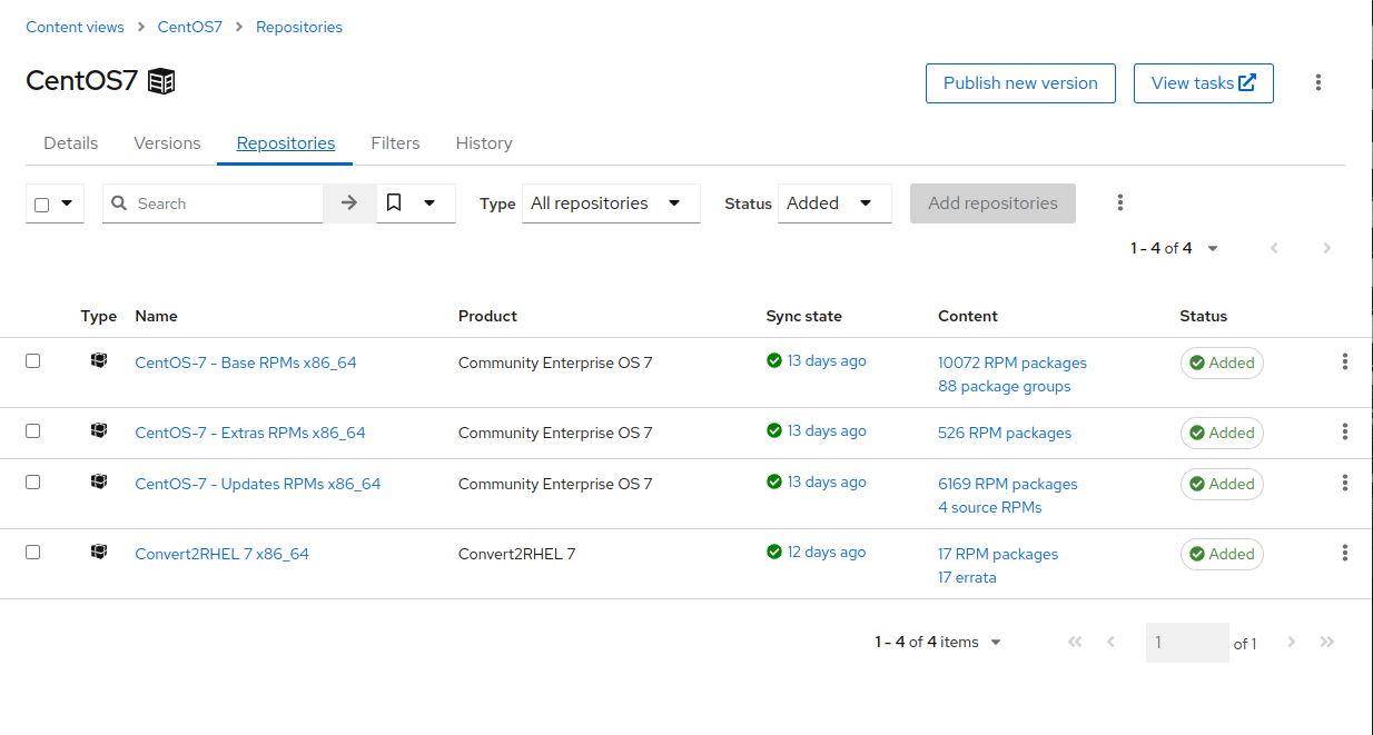 CentOS7 Content View Repositories