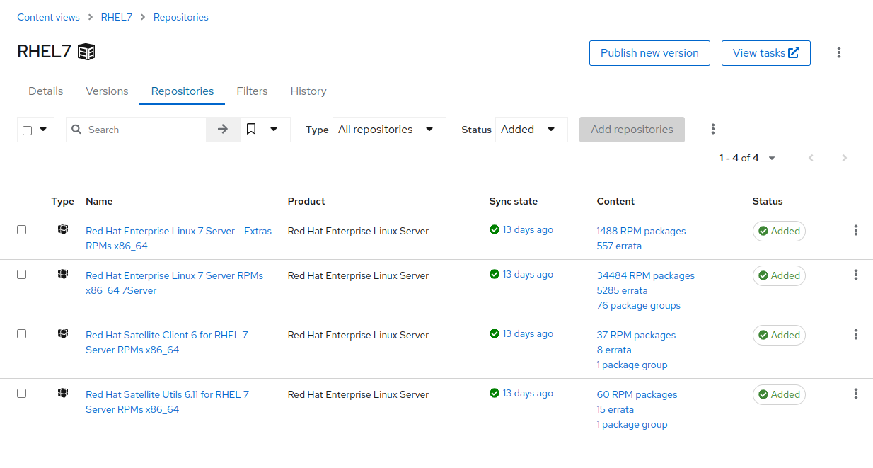 RHEL7 Content View Repositories