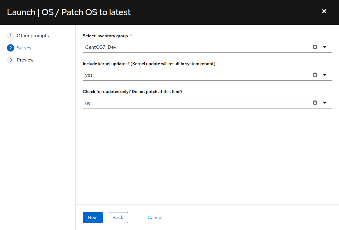 "OS / Patch OS to latest" survey dialog