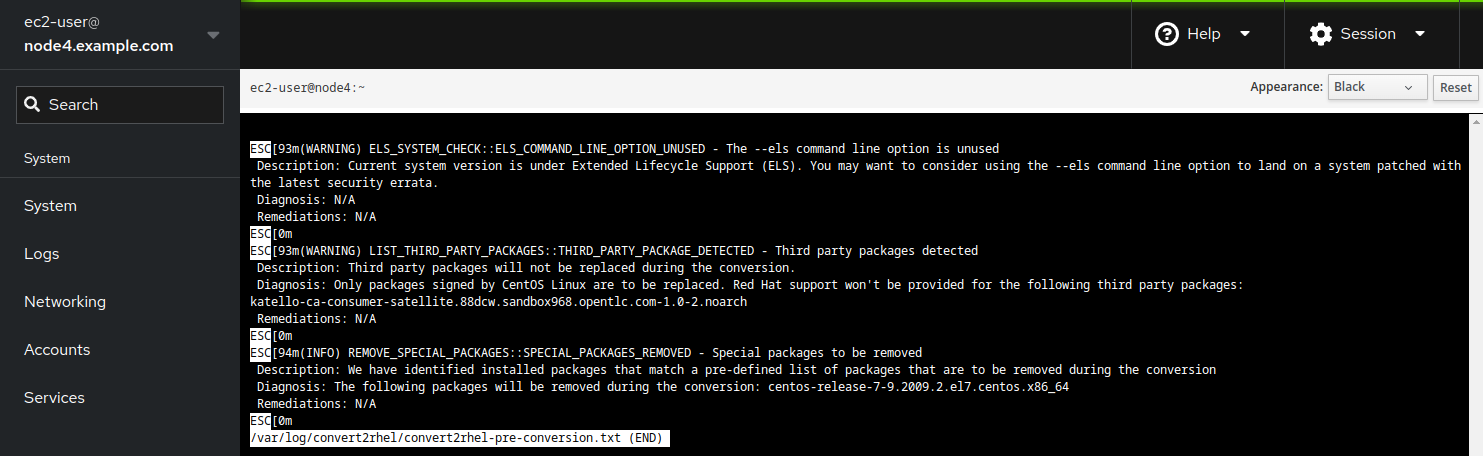 Example pre-conversion report of CentOS 7 host