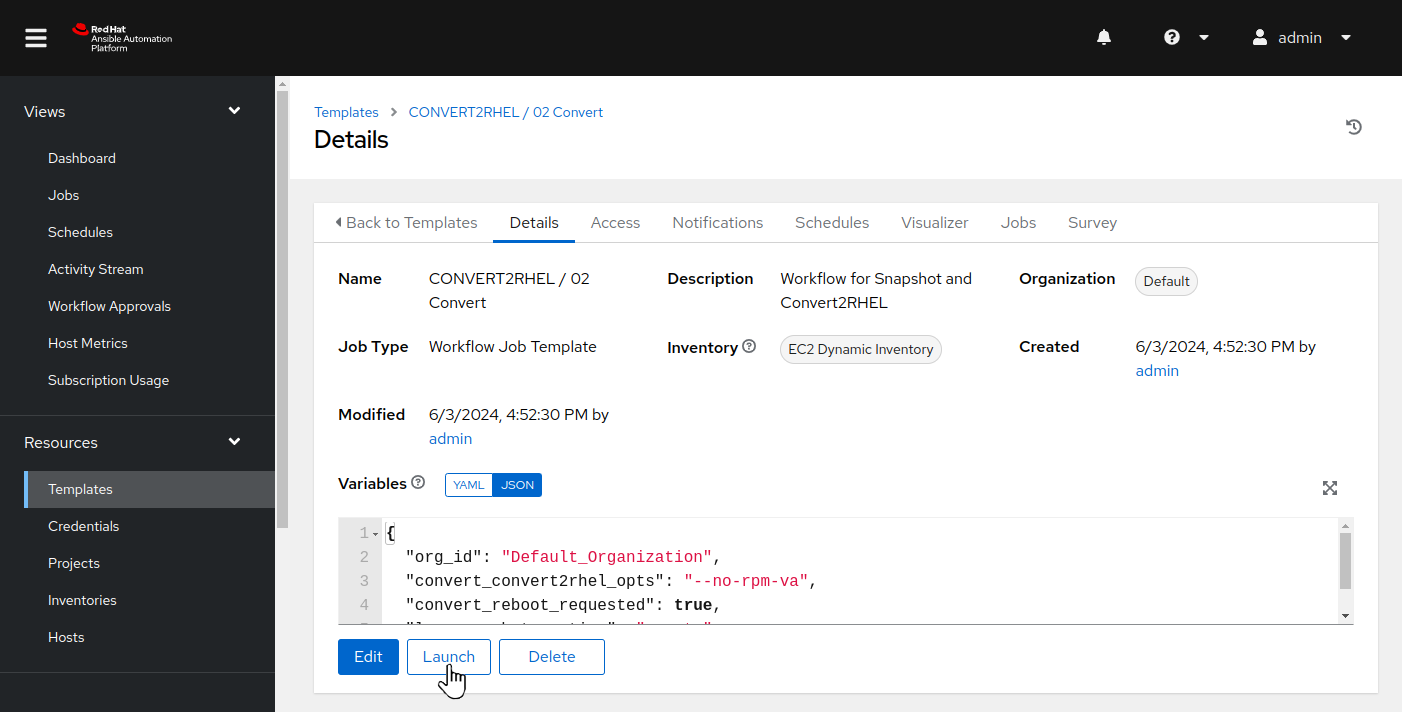 AAP Web UI showing the conversion job template details view