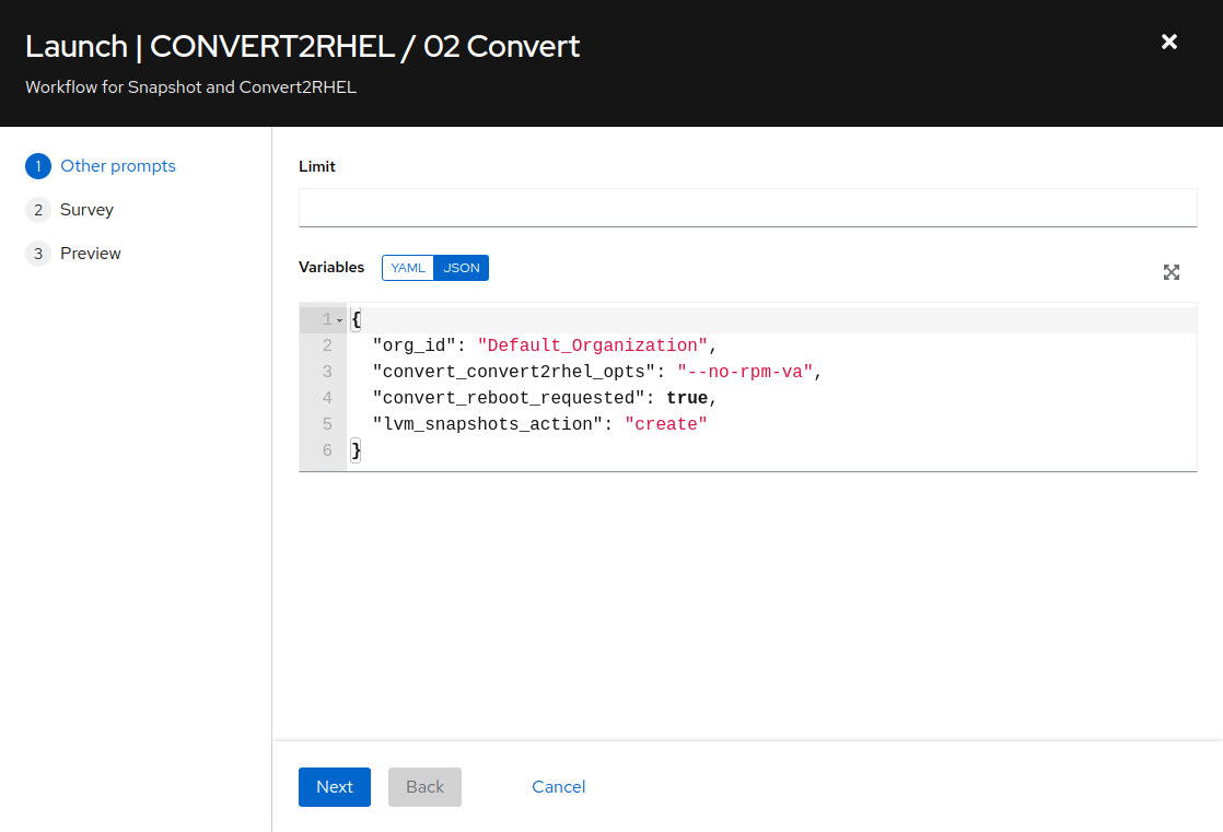 Conversion job variables prompt on AAP Web UI