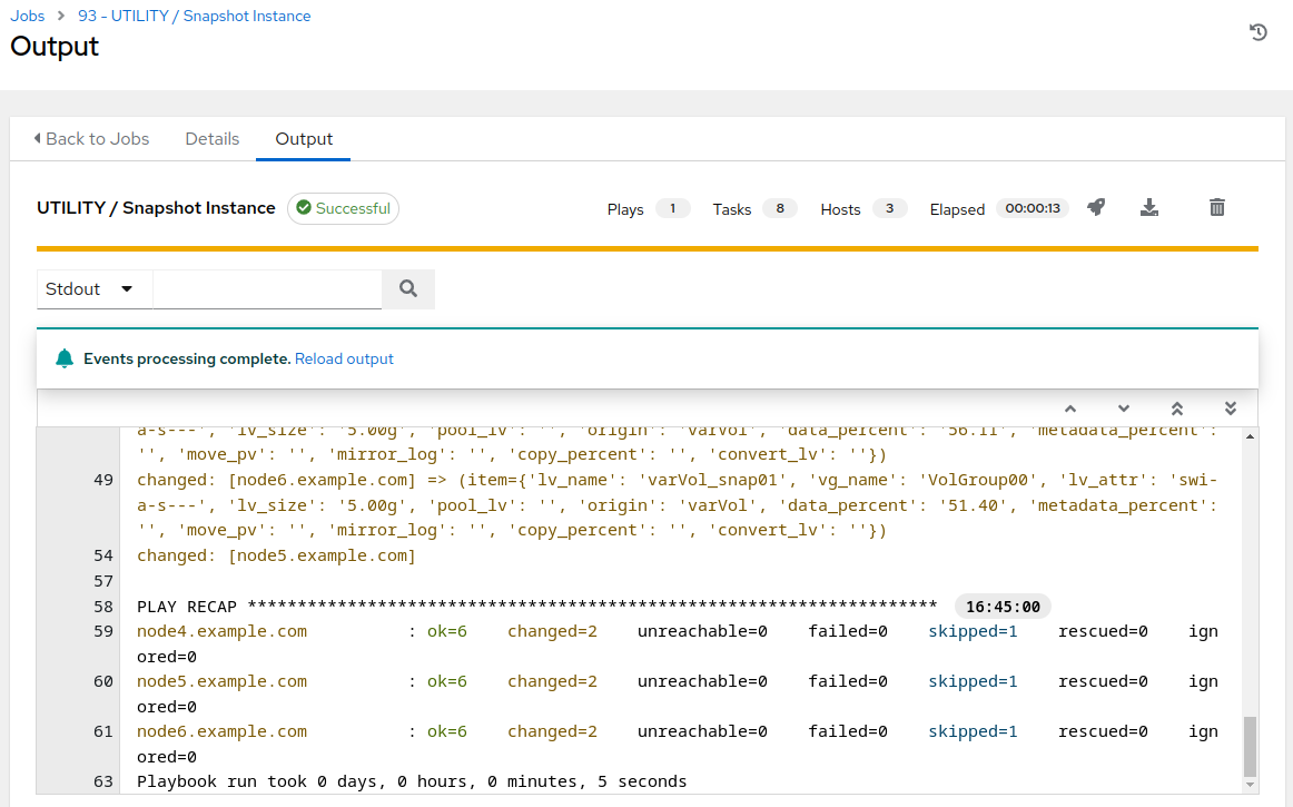 snapshot job output on AAP Web UI