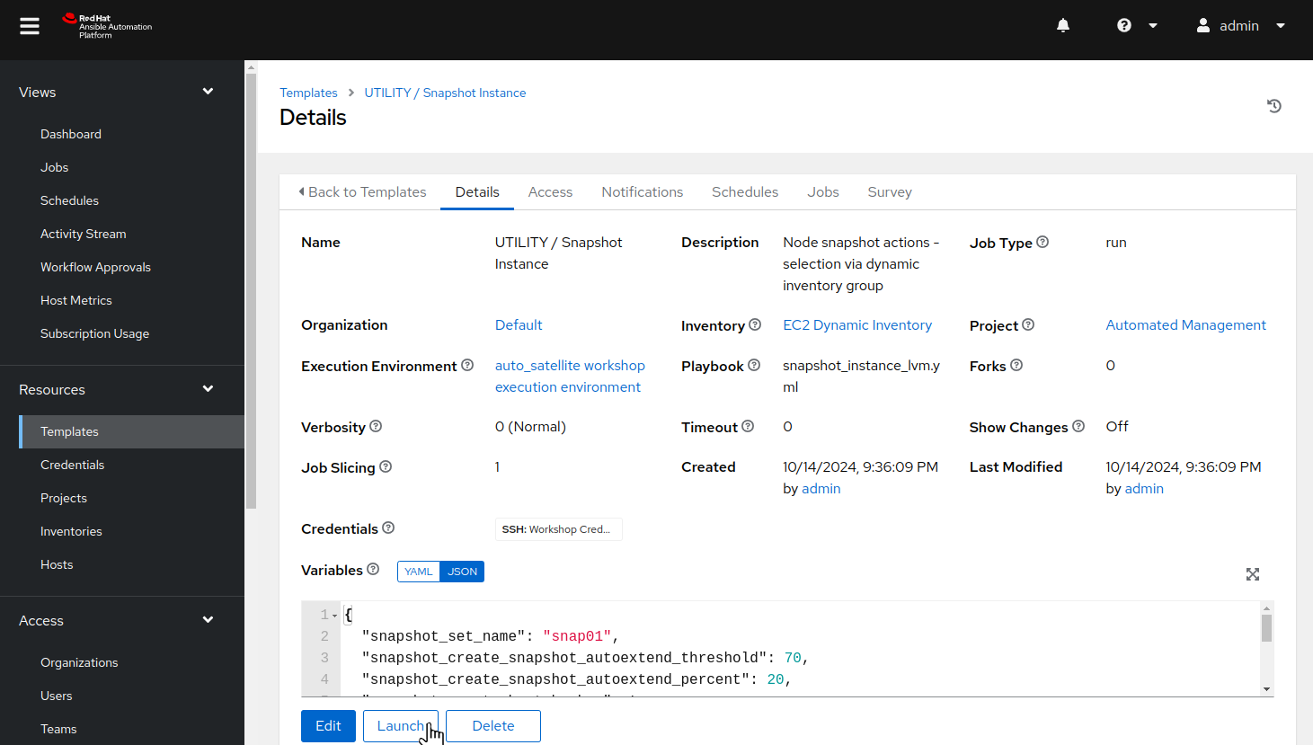 AAP Web UI showing the snapshot job template details view