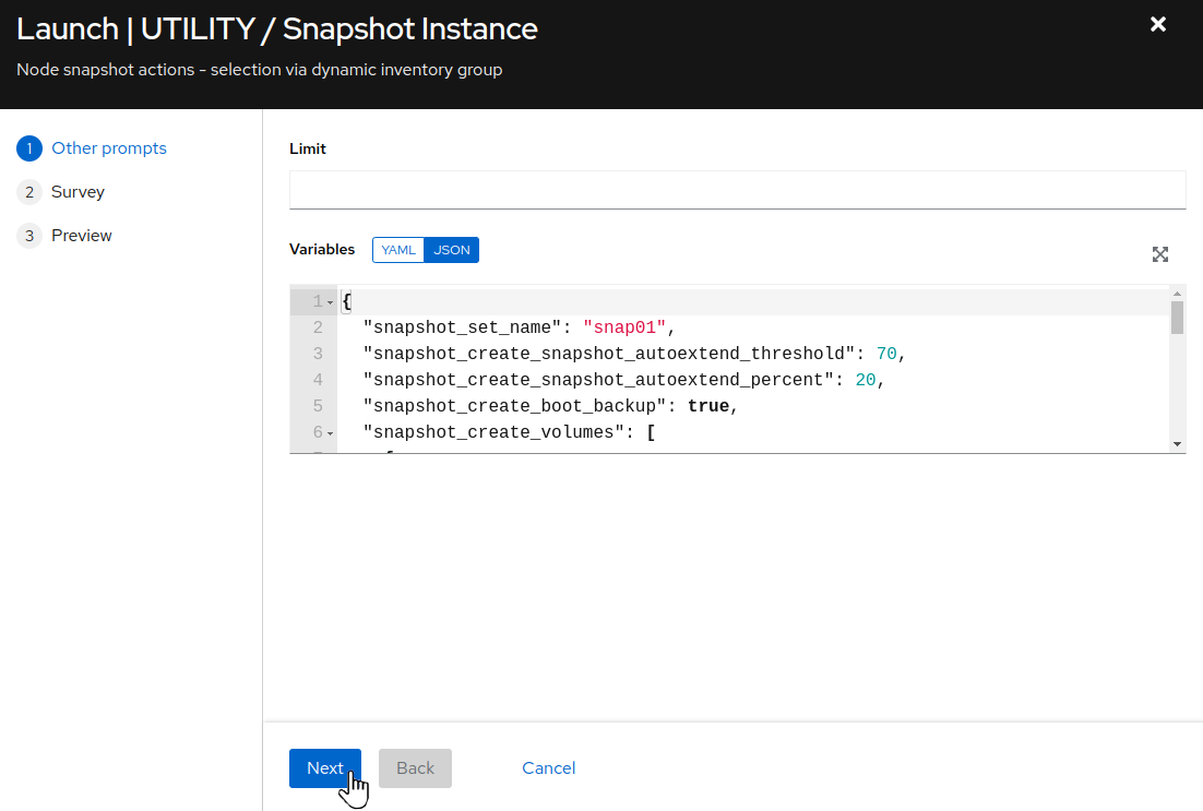 Snapshot job variables prompt on AAP Web UI