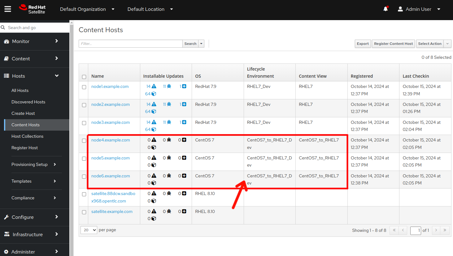 Satellite Content Hosts showing CentOS7