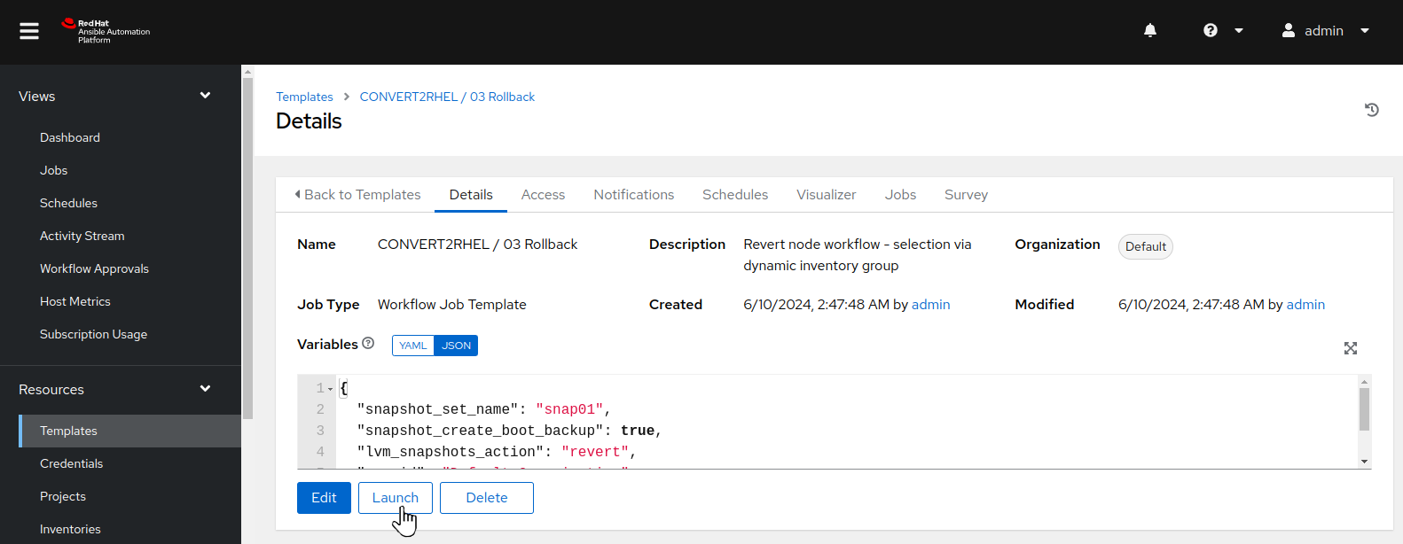 AAP Web UI showing the rollback workflow template details view