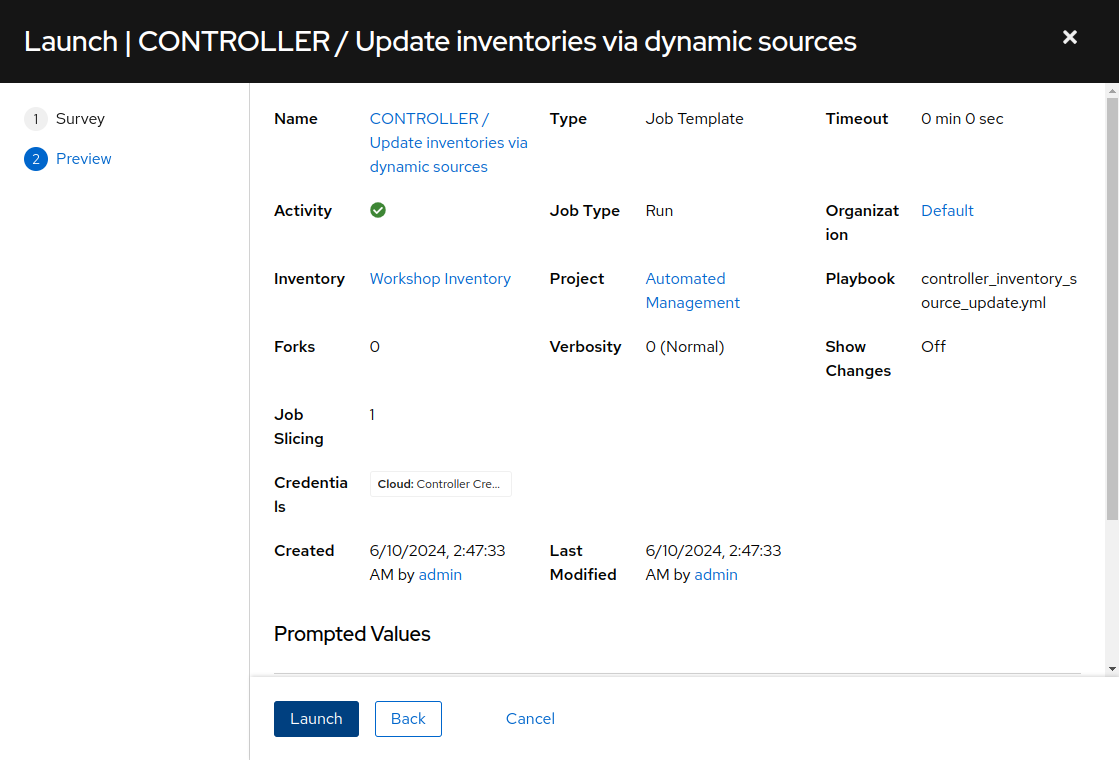 Inventory update job launch details on AAP Web UI