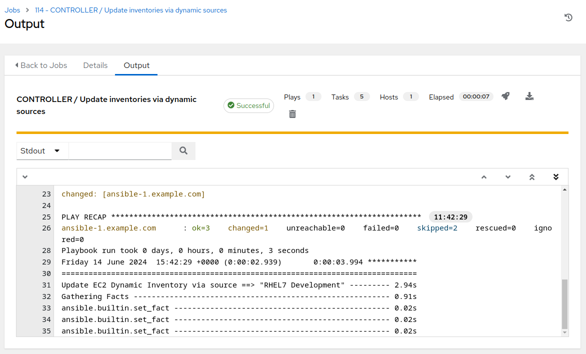 Inventory update job output on AAP Web UI