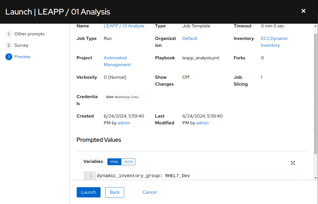 Analysis job preview on AAP Web UI