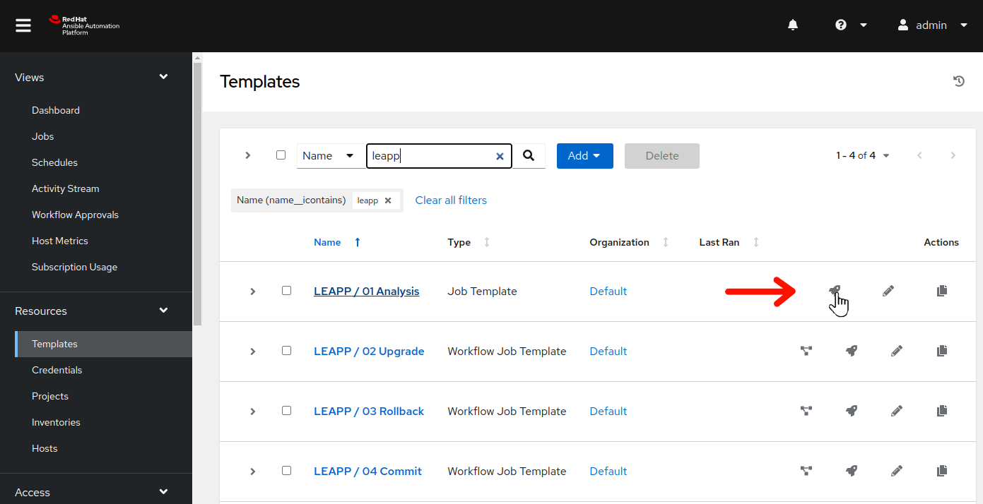 "LEAPP / 01 Analysis" job template seen on AAP Web UI