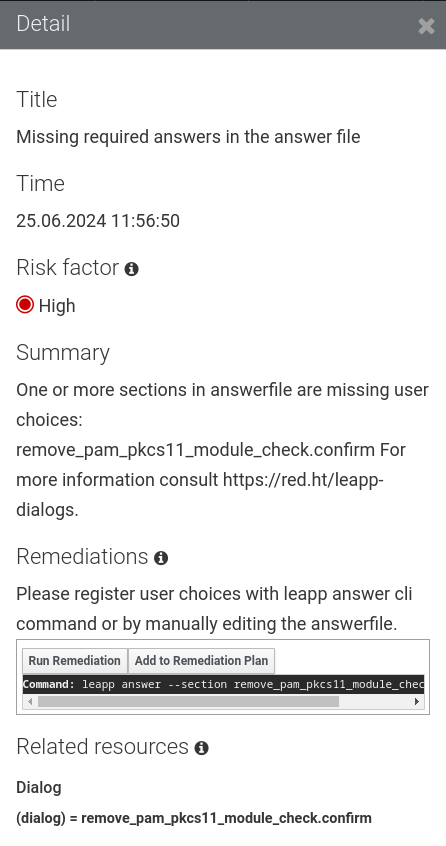 Details view of missing required answers in the answer file