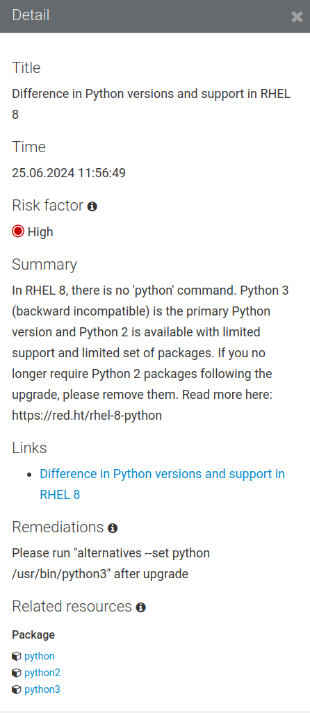 Details view of Difference in Python versions and support in RHEL8 finding