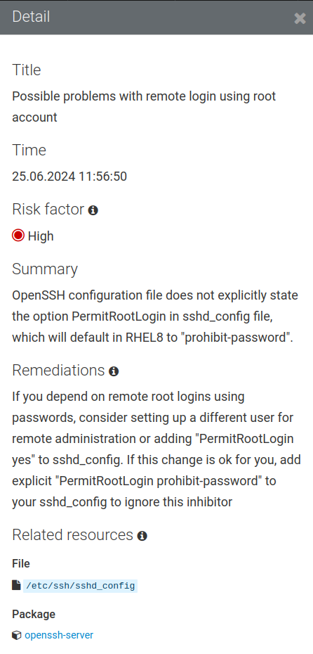 Details view of possible problems with remote login using root account inhibitor finding