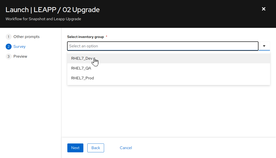 Upgrade job survey prompt on AAP Web UI