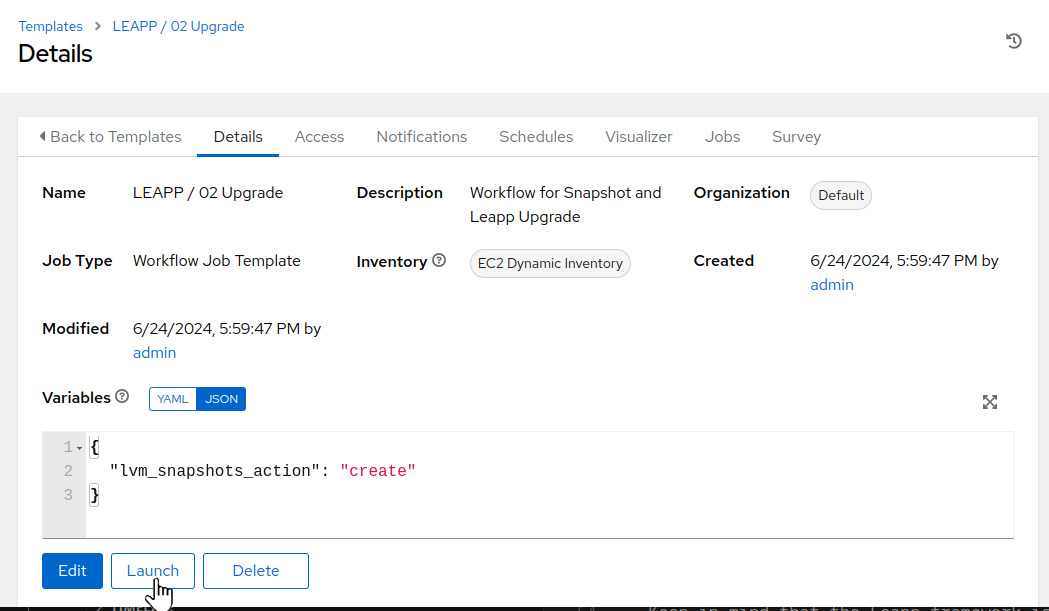 AAP Web UI showing the upgrade job template details view