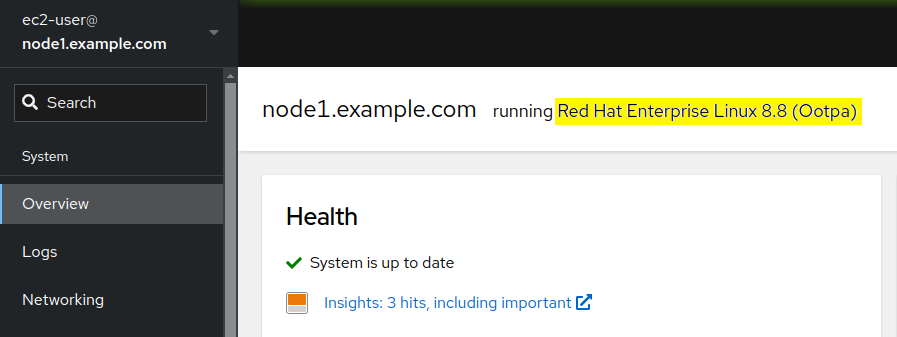 node1 running Red Hat Enterprise Linux Server 8.8 (Oopta)