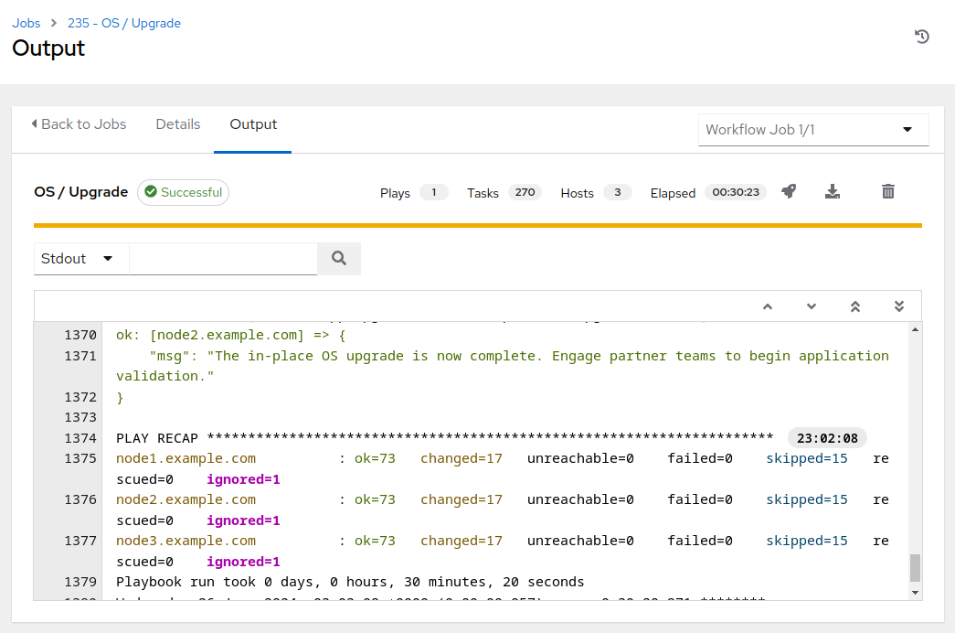 AAP Web UI showing successful upgrade playbook run play recap