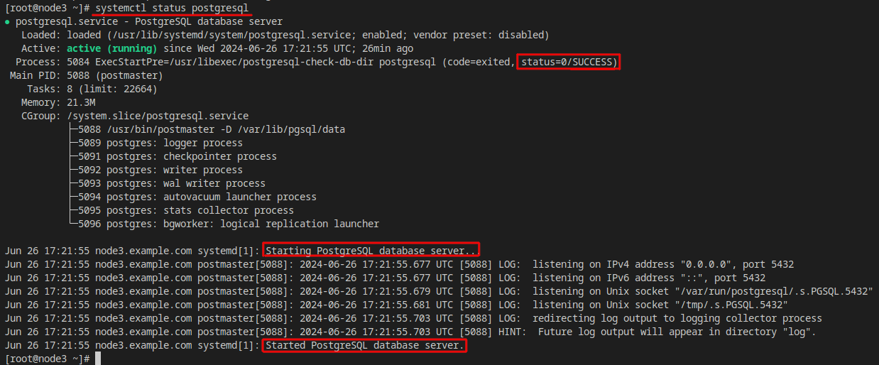 command output showing postgresql active