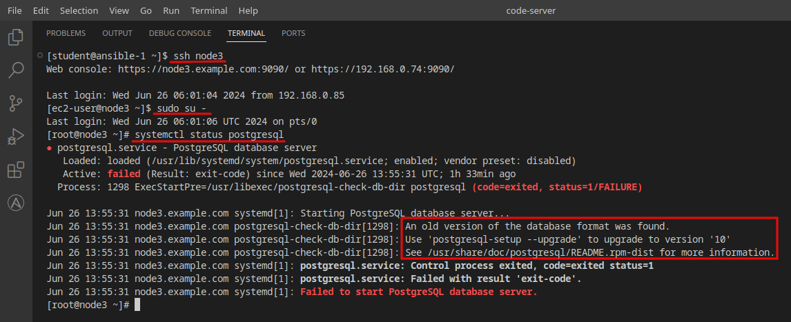 command output showing postgresql error