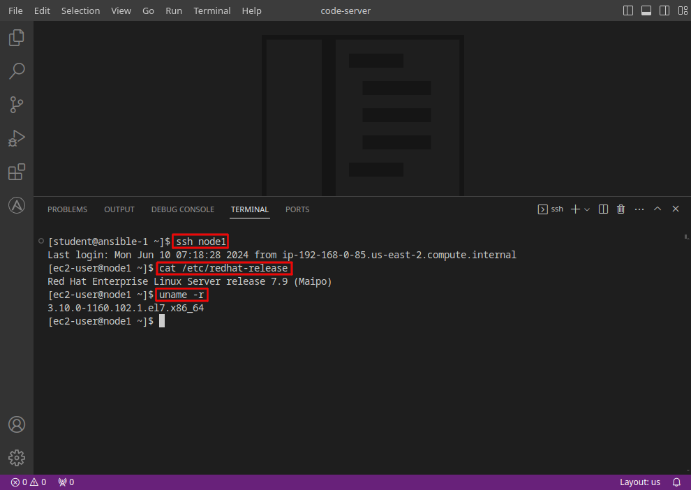 Example ssh login to RHEL host